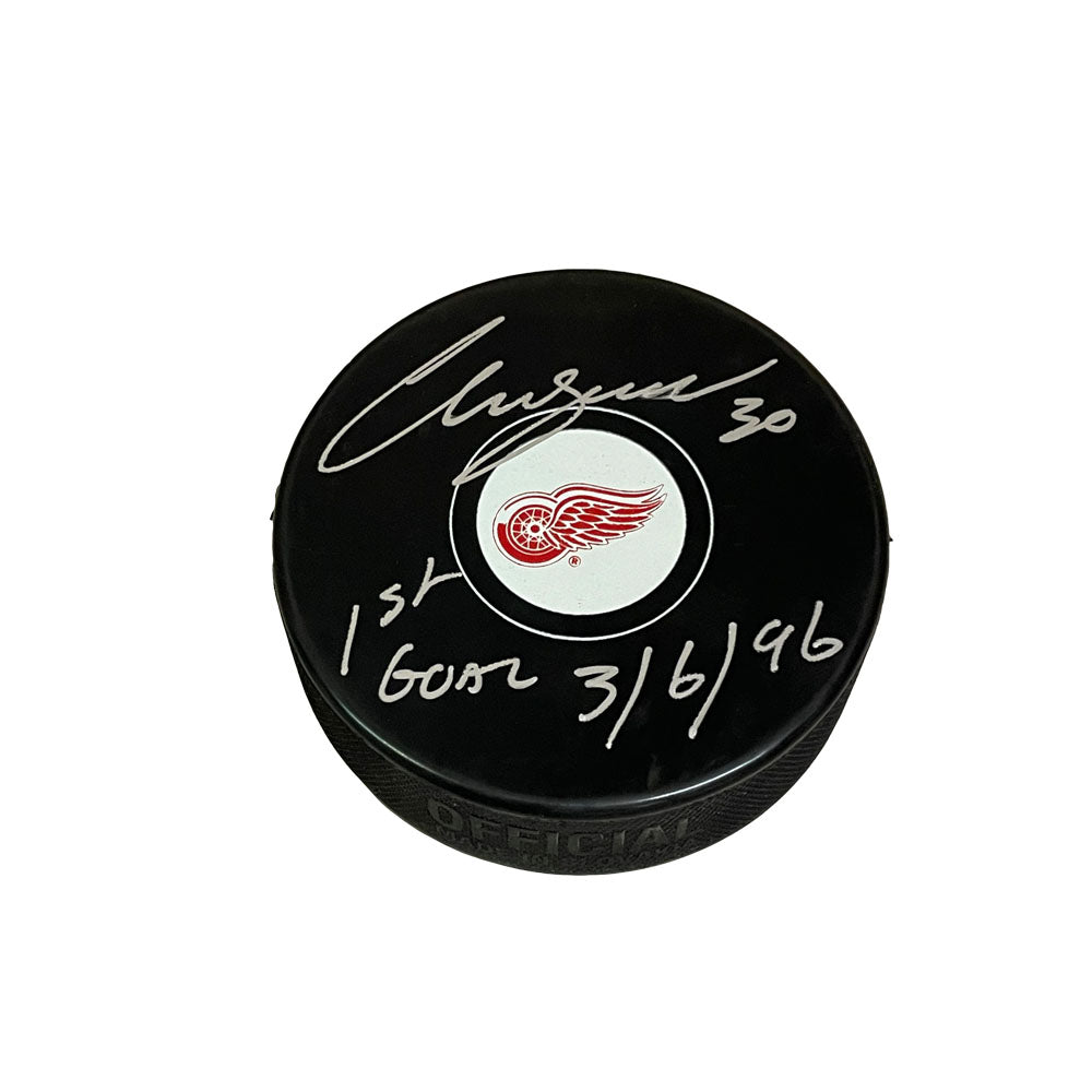 CHRIS OSGOOD Signed Detroit Red Wings Puck - "1st Goal 3/6/96" Inscription