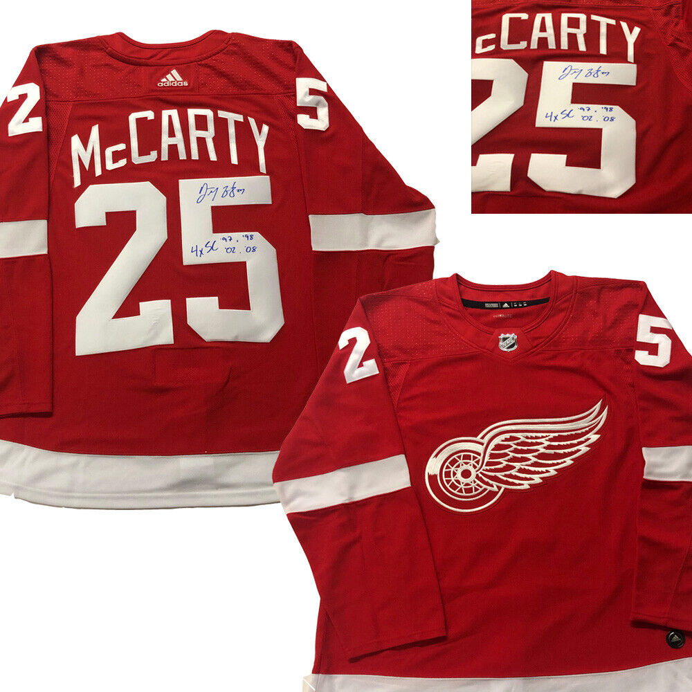 DARREN MCCARTY Signed & Inscribed Detroit Red Wings Red Adidas PRO Jersey- 4x SC