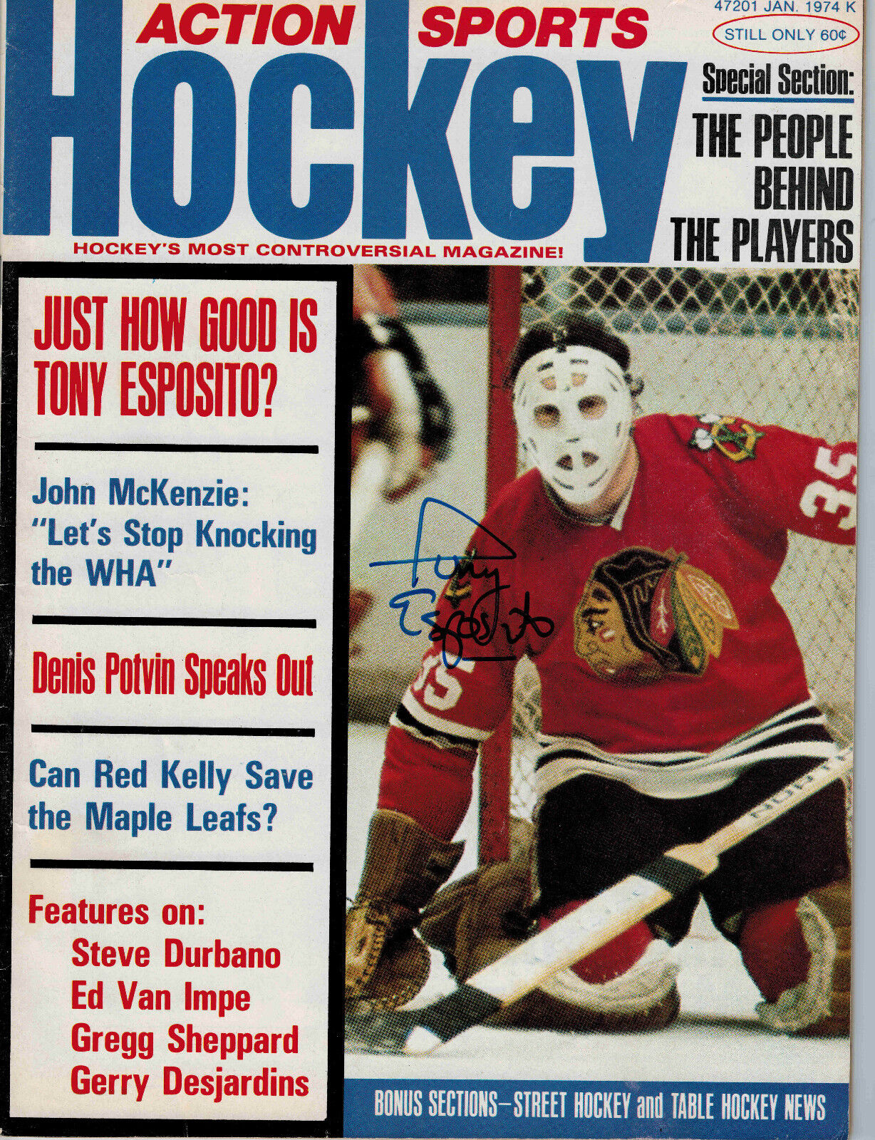 Tony Esposito SIGNED Action Sports Hockey Magazine Jan 1974 - Chicago Blackhawks