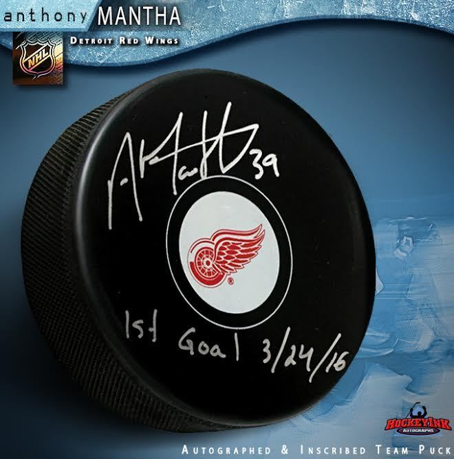 ANTHONY MANTHA Signed Detroit Red Wings Puck Inscribed "1st Goal 3/24/16"