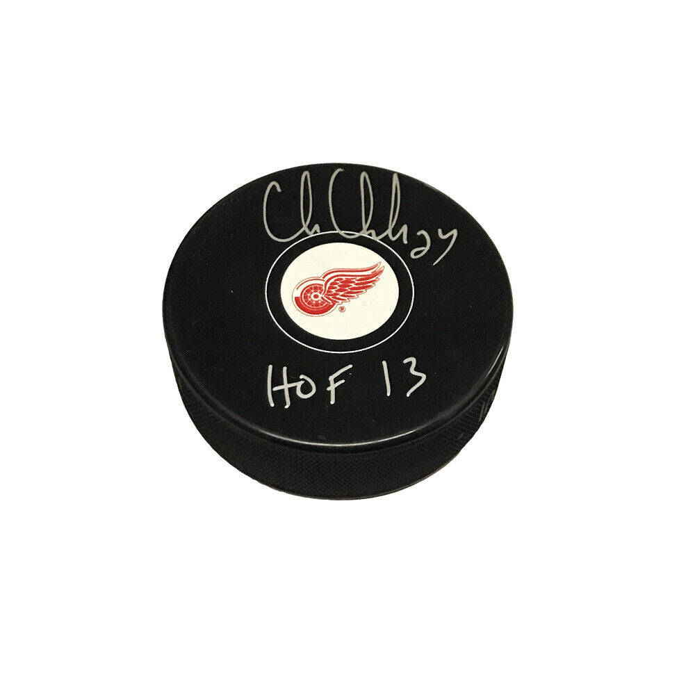 CHRIS CHELIOS Signed Detroit Red Wings Puck - HOF 13