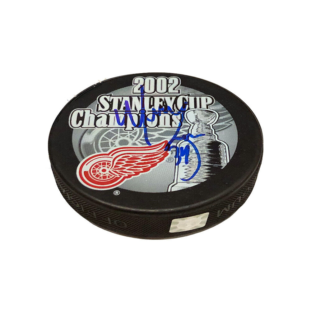 MANNY LEGACE Signed 2002 Stanley Cup Champions Puck - Detroit Red Wings