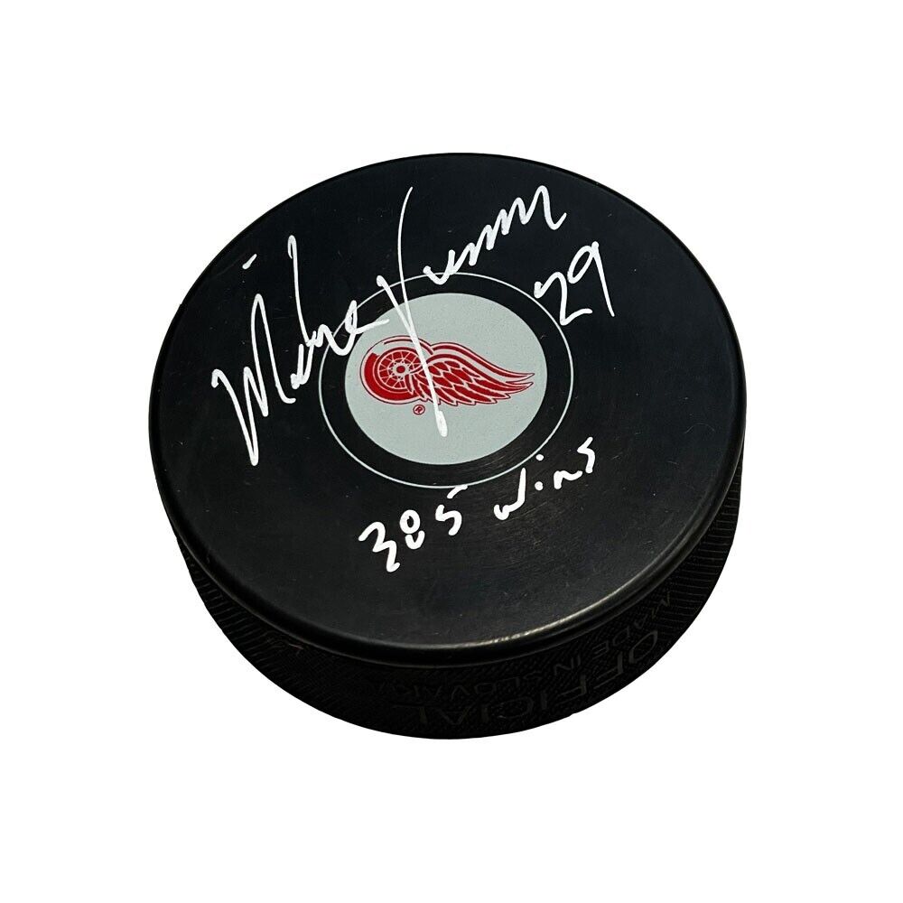 MIKE VERNON Signed Detroit Red Wings Puck - 385 wins Inscription