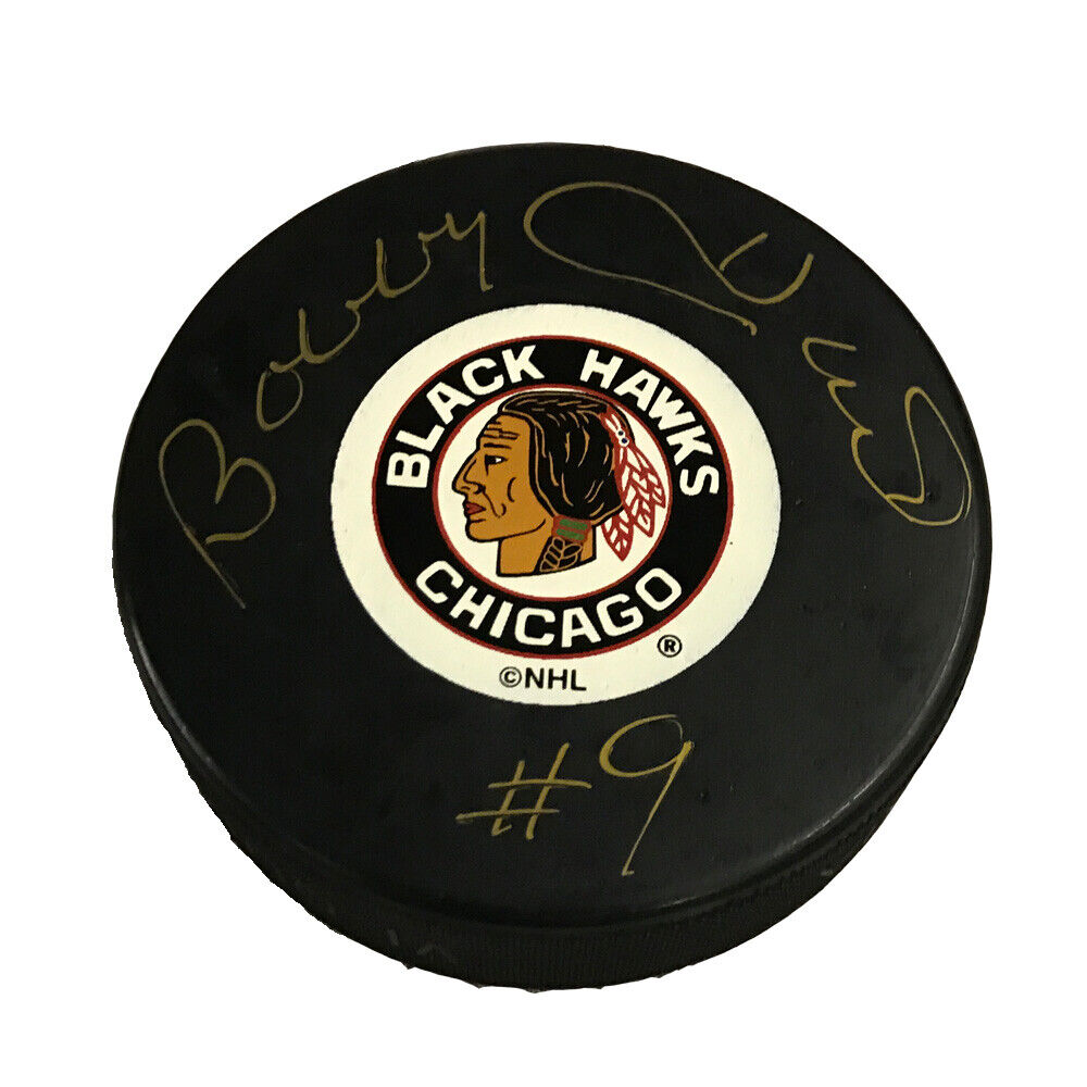 BOBBY HULL Signed Chicago Blackhawks Original Six Puck (GOLD)
