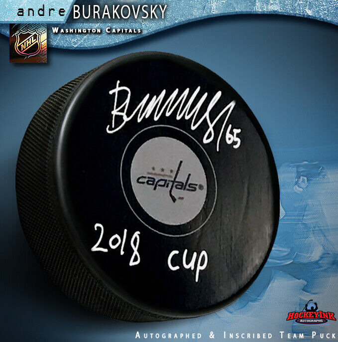 ANDRE BURAKOVSKY Signed Washington Capitals Puck - 2018 CUP inscription