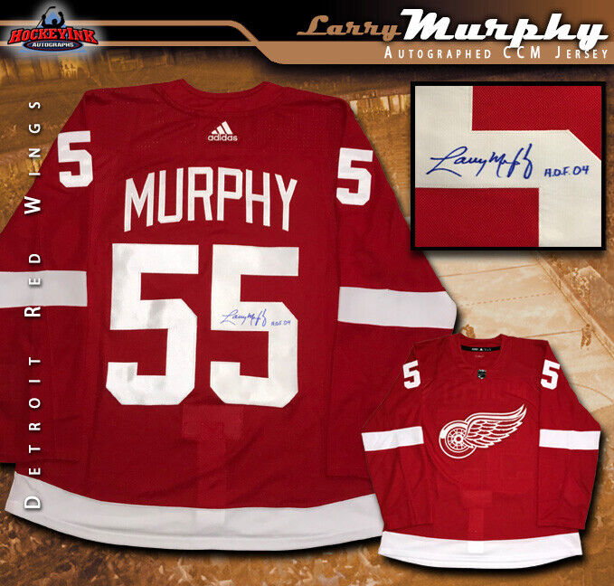 LARRY MURPHY Signed & Inscribed Detroit Red Wings Red Adidas Jersey - HOF04