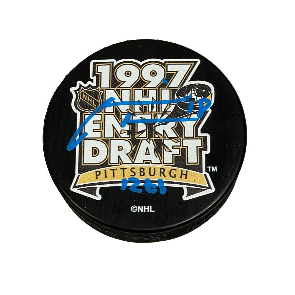 MARIAN HOSSA Signed 1997 NHL Draft Puck - 12th Pick Inscription