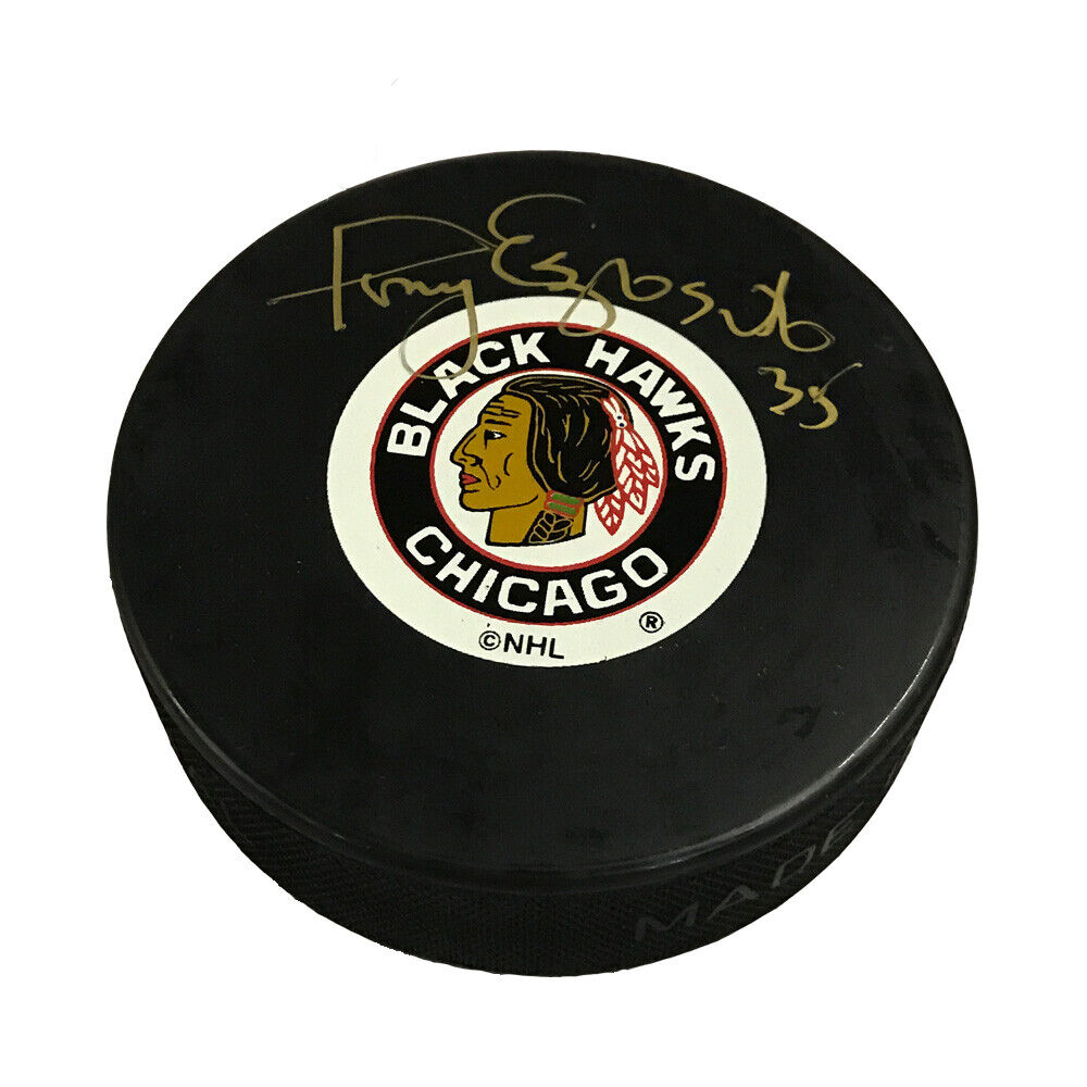 TONY ESPOSITO Signed Chicago Blackhawks Puck (ORIGINAL SIX) gold