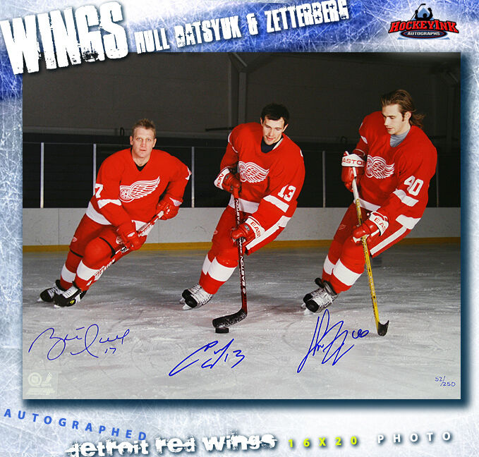 Brett Hull, Pavel Datsyuk, & Henrik Zetterberg SIGNED Detroit 16X20 Photo -Skate