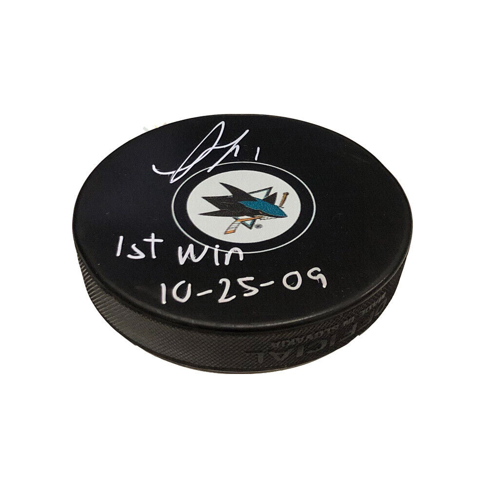 THOMAS GREISS Signed & Inscribed San Jose Sharks Puck - 1st Win 10/25/09