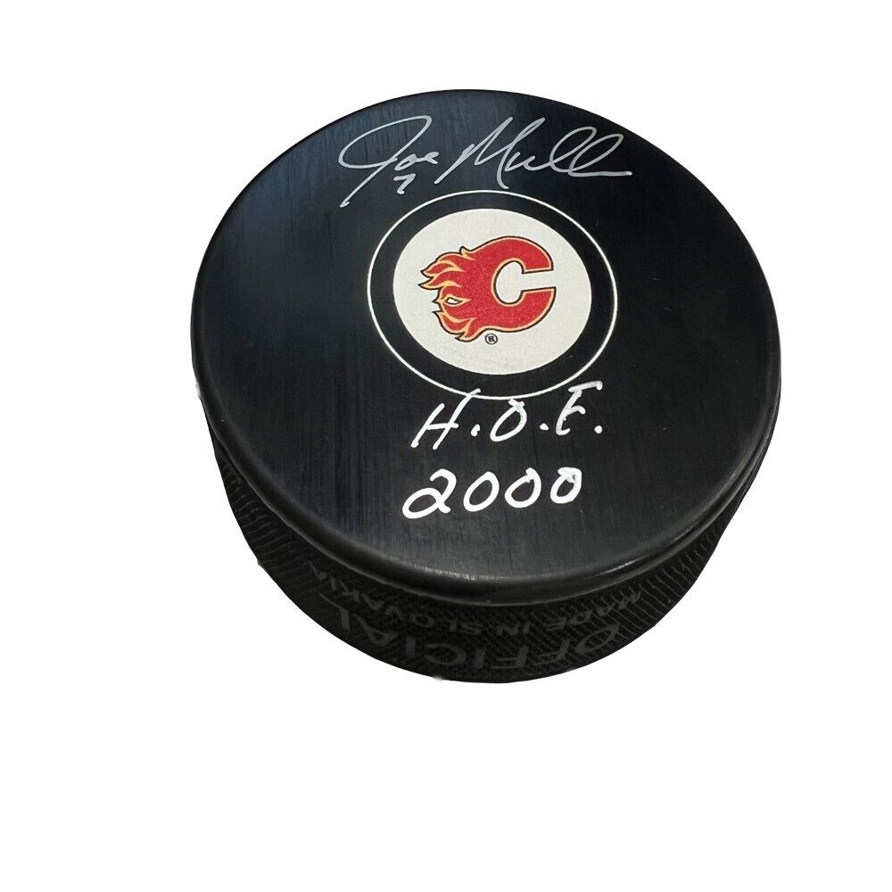 JOE MULLEN Signed Calgary Flames Puck - HOF 2000