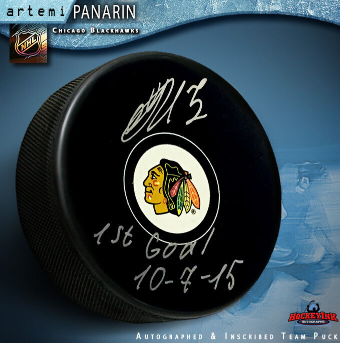 Artemi Panarin Autographed Chicago Black Hawks Puck "1st. Goal 10/7/15"