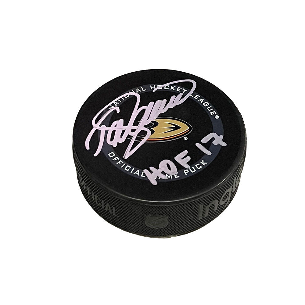 Teemu Selanne Signed Anaheim Ducks Official Game Puck with HOF 17