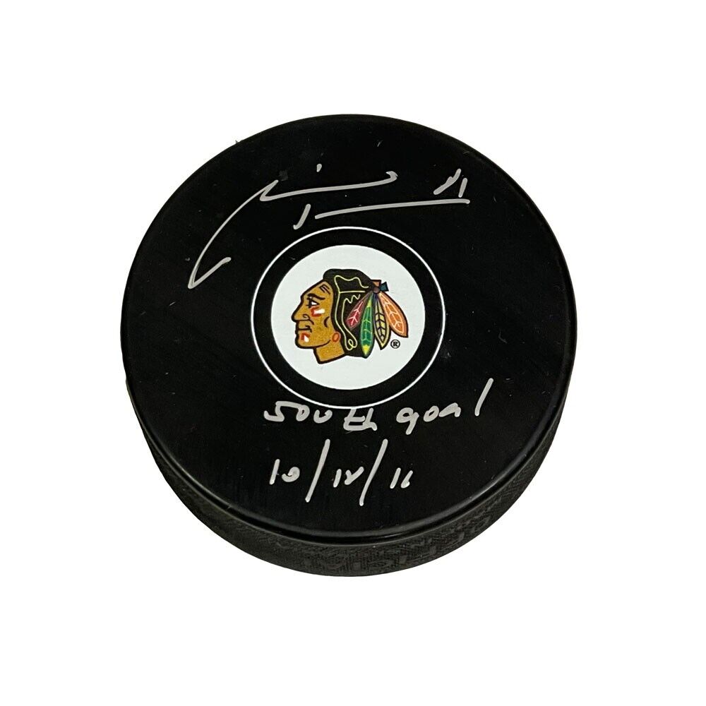 MARIAN HOSSA Signed Chicago Blackhawks Puck - "500th Goal 10/18/16" Inscription
