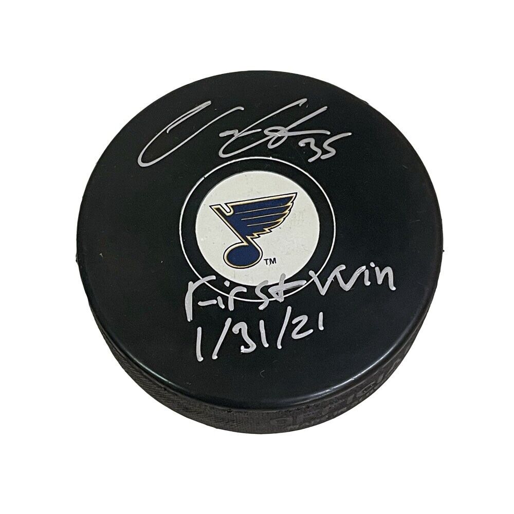 VILLE HUSSO Signed St. Louis Blues Puck - "First Win 1/31/21" Inscription