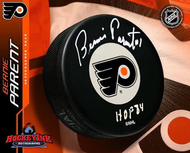 BERNIE PARENT Signed Philadelphia Flyers Puck w/ Hall of Fame Inscription
