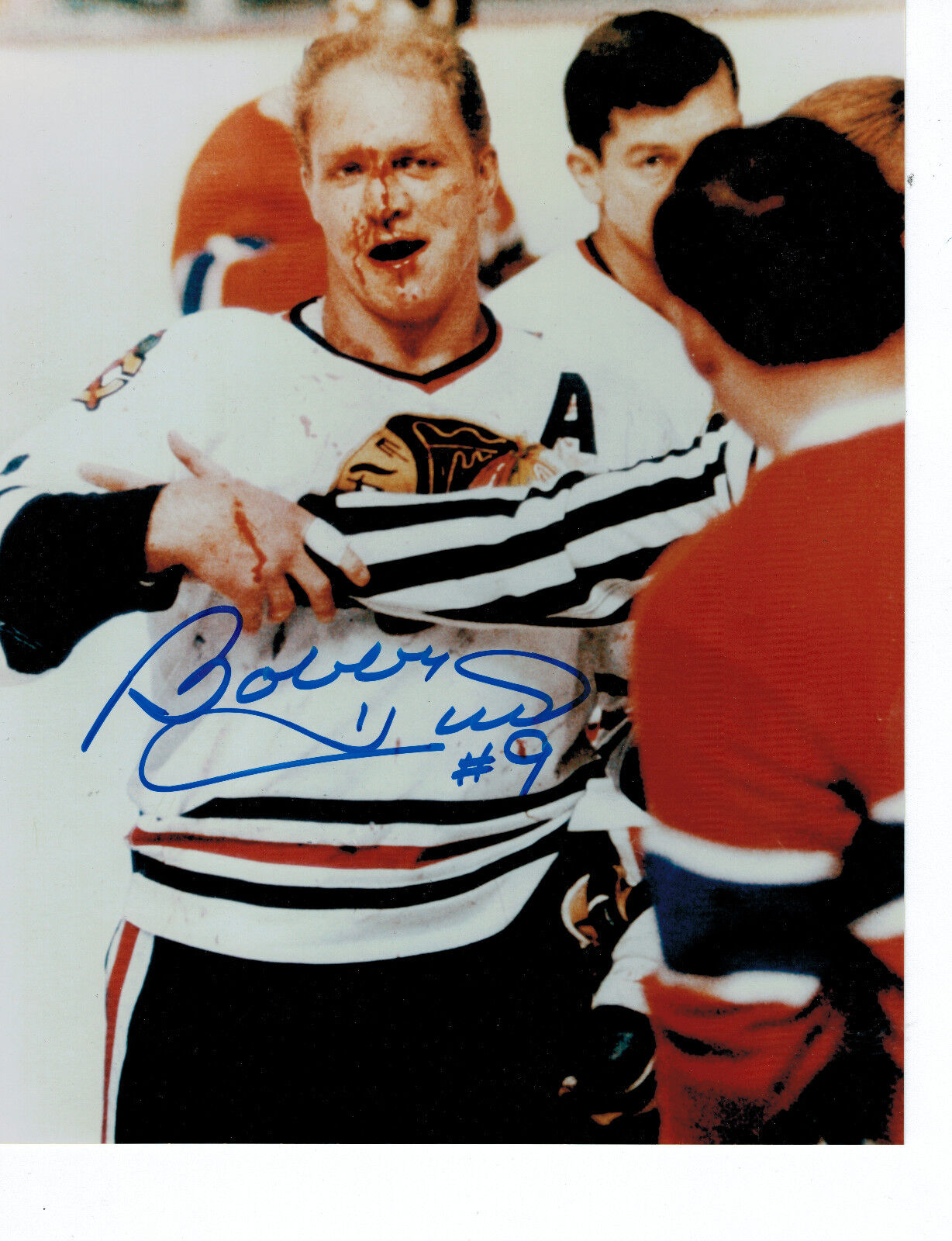 Bobby Hull Signed Chicago Blackhawks 11 X 14 Bloody Fight (BEND ON SIDE OF PIC)