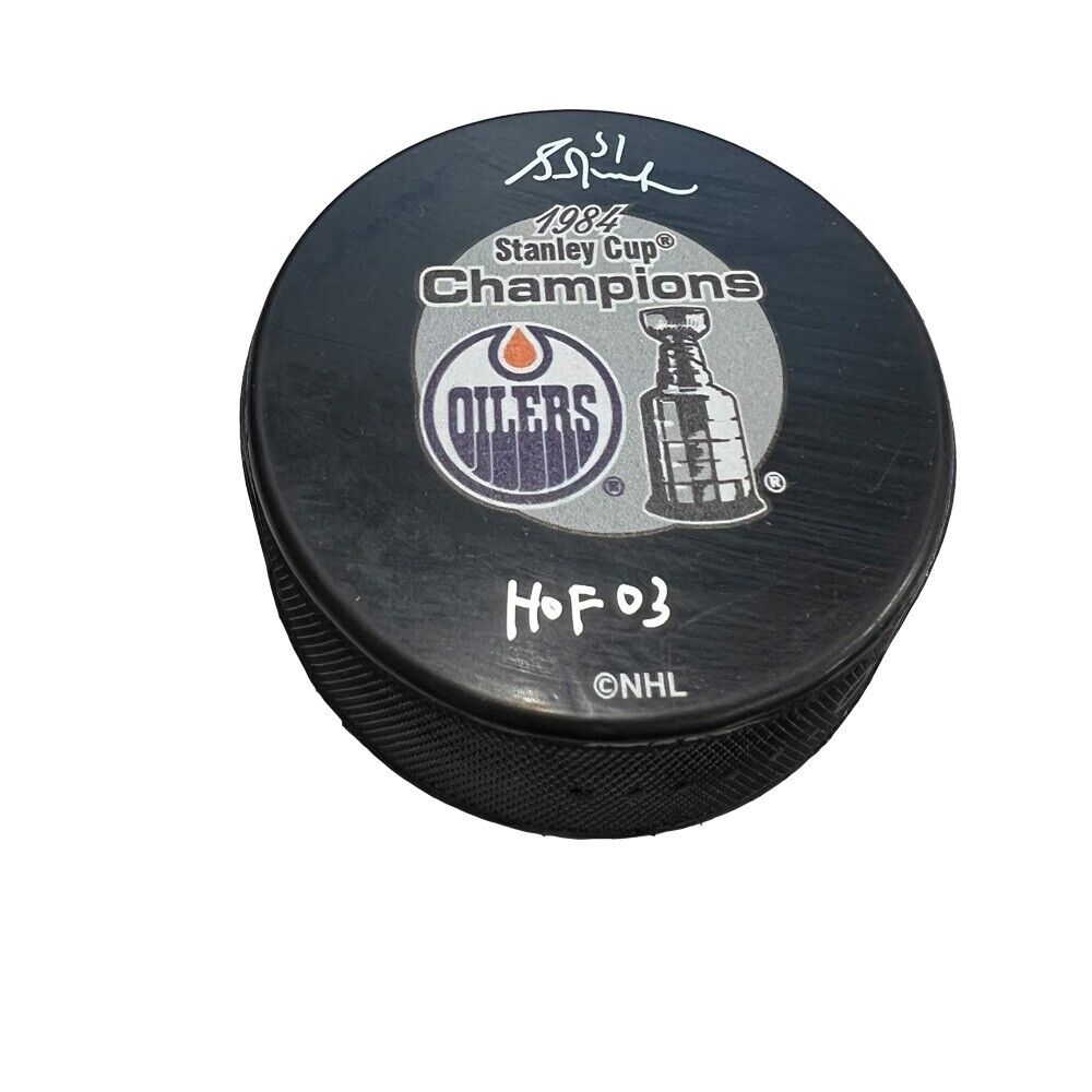 GRANT FUHR Signed 1984 Stanley Cup Champions Edmonton Oilers Puck - HOF 03