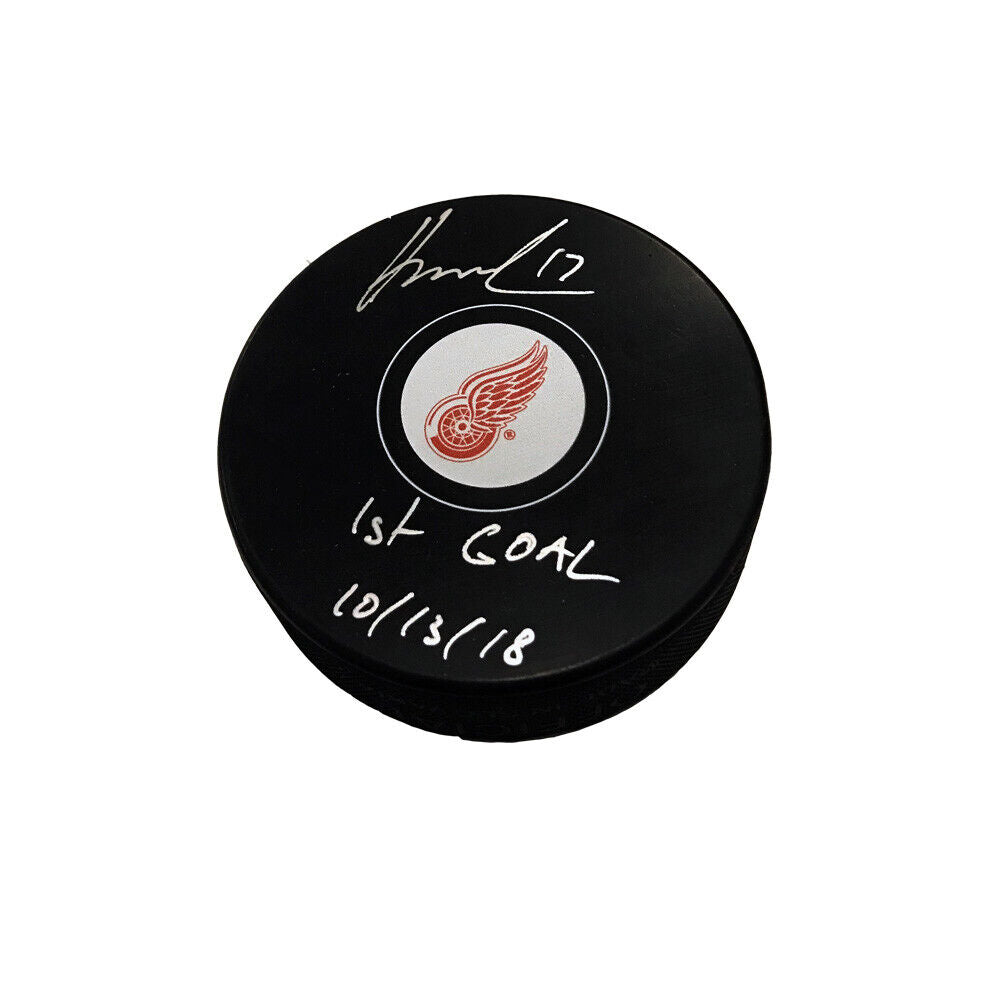 FILIP HRONEK Signed Detroit Red Wings Puck Inscribed "1st Goal 10/13/18"