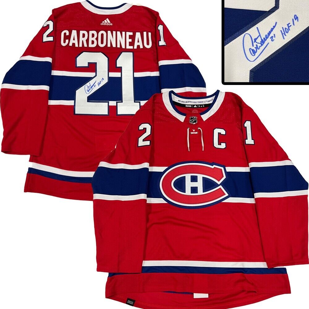 GUY CARBONNEAU signed Montreal Canadiens Red Adidas PRO Jersey - HOF 19