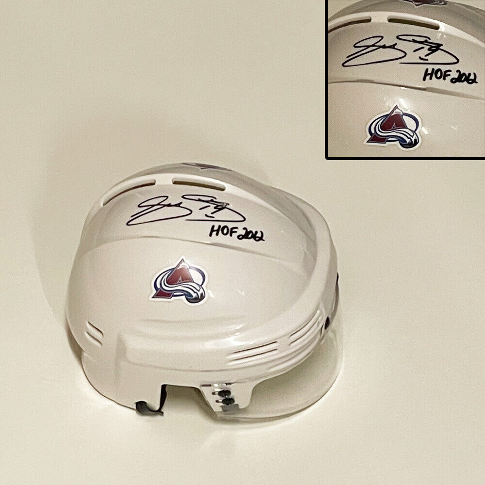 JOE SAKIC Signed Colorado Avalanche White Mini Helmet - HOF 2012