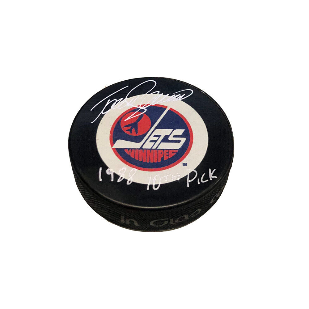 Teemu Selanne Signed WInnipeg Jets Puck - 1988 10th Pick Inscription