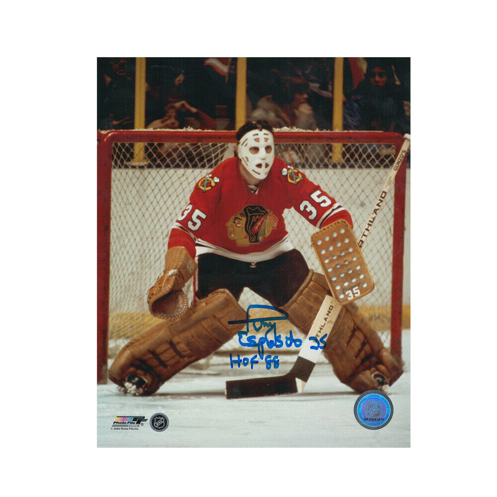 TONY ESPOSITO Signed Chicago Blackhawks W/ HOF Inscription 8 X 10 Photo - 70396