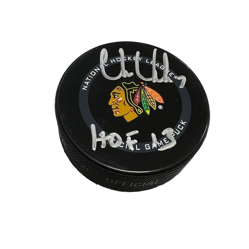 CHRIS CHELIOS Signed Chicago Blackhawks Official Game Puck - HOF13