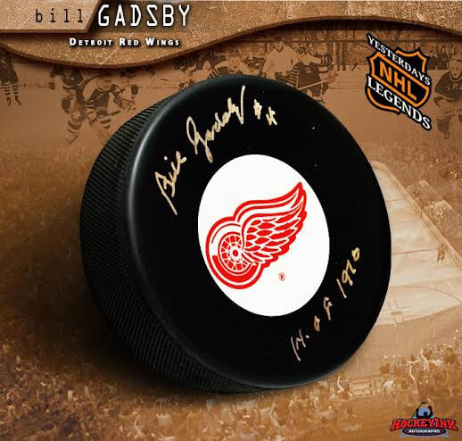 BILL GADSBY Detroit Red Wings Signed Puck w/ Hall of Fame Inscription