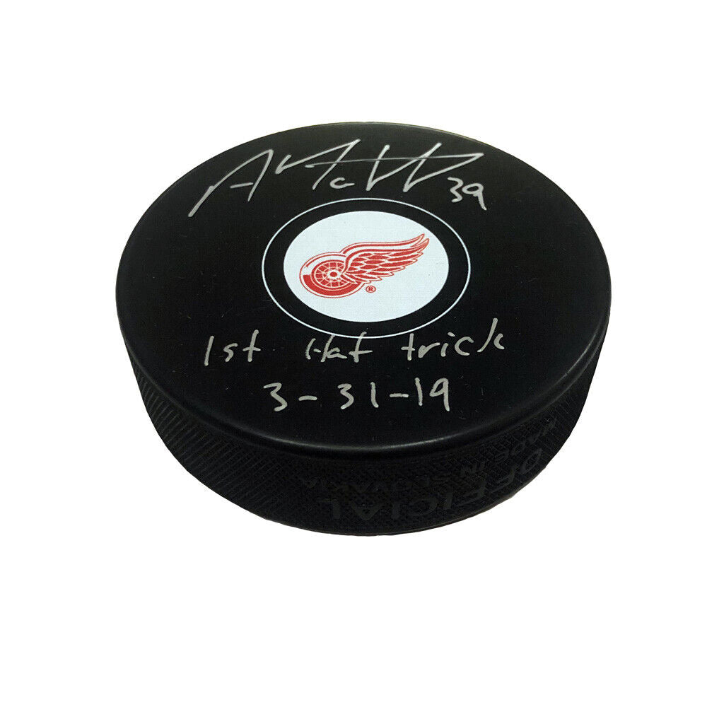 ANTHONY MANTHA Signed Detroit Red Wings Puck Inscribed "1st Hat Trick 3-31-19"