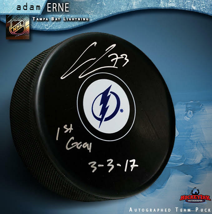 ADAM ERNE Signed & Inscribed Tampa Lightning Puck - "1st Goal 3-3-17"
