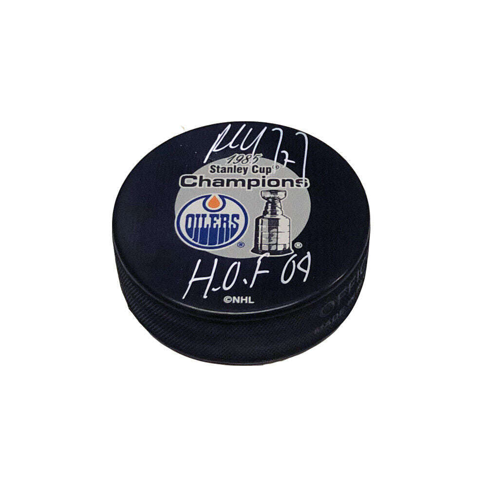 PAUL COFFEY Signed Edmonton Oilers 1985 Stanley Cup Champions Puck - HOF 04