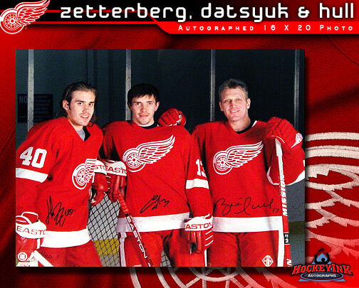 Brett Hull, Pavel Datsyuk, & Henrik Zetterberg SIGNED Detroit 16X20 Photo -Net