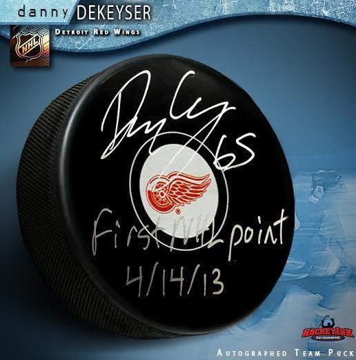 DANNY DEKEYSER Signed Detroit Red Wings Puck w/ First NHL Point Inscription