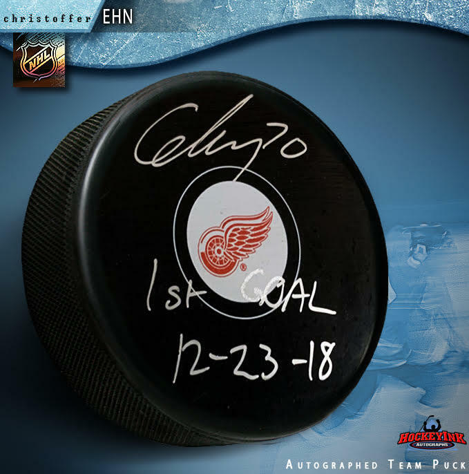 CHRISTOFFER EHN Signed Detroit Red Wings Puck - "1st Goal 12-23-18"