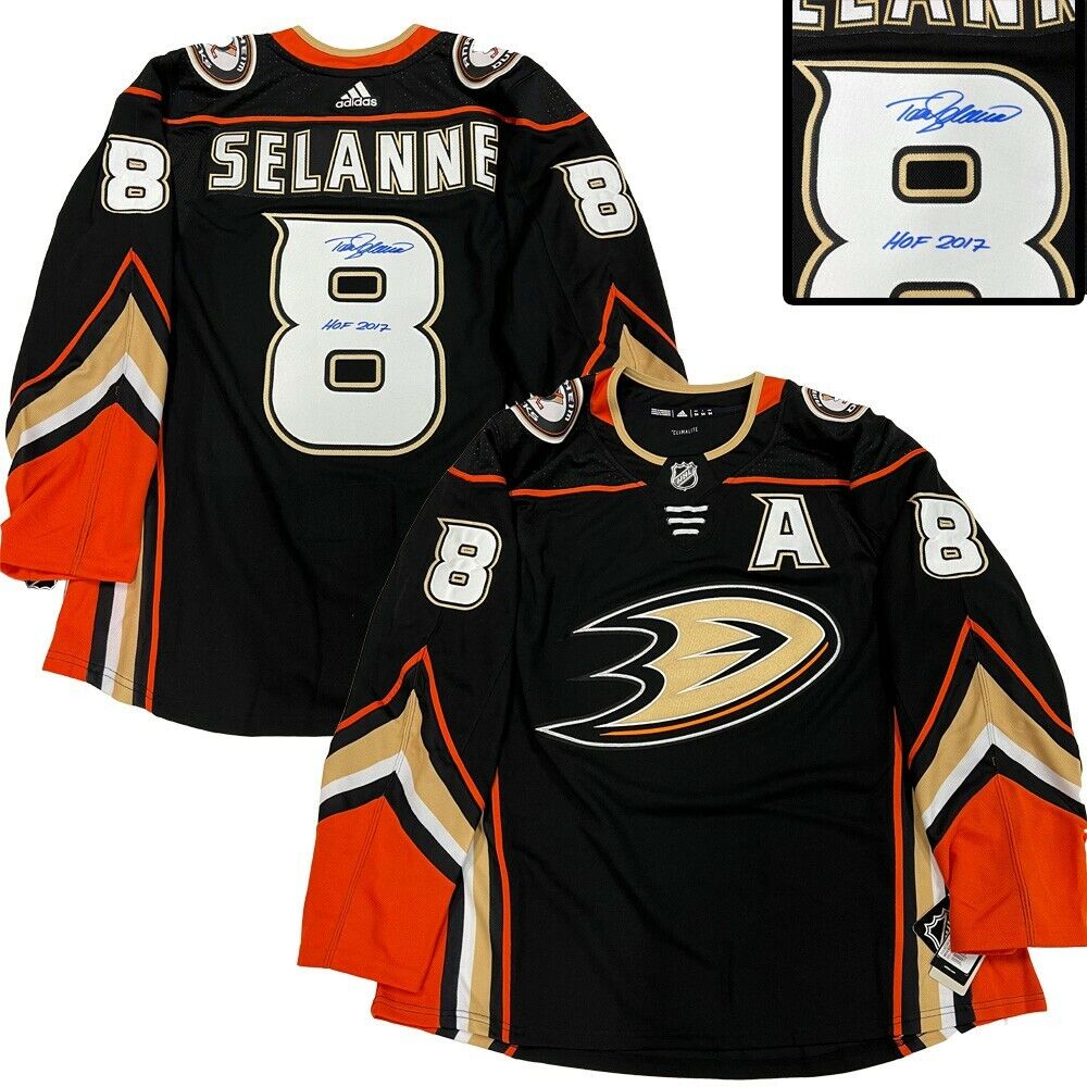 Teemu Selanne Signed Anaheim Ducks Black Adidas PRO Jersey W/HOF Inscription