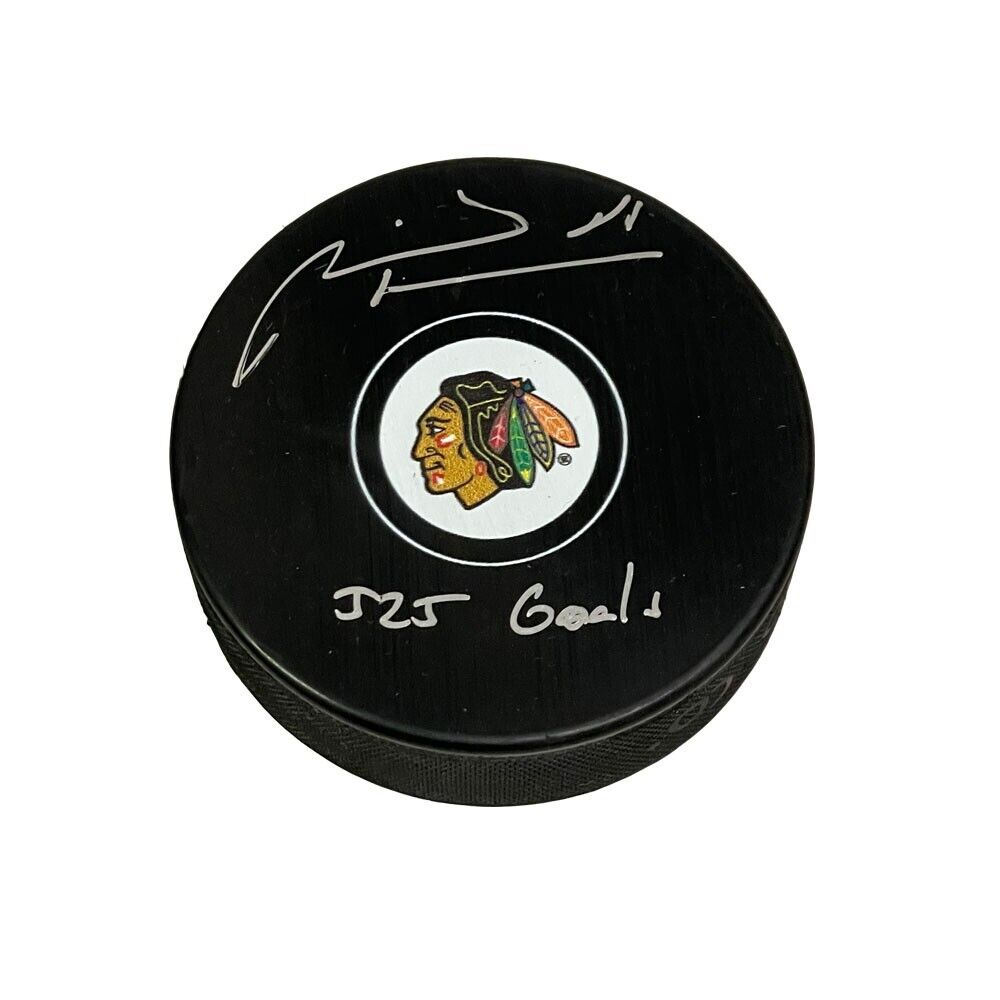 MARIAN HOSSA Signed Chicago Blackhawks Puck - "525 Goals" Inscription