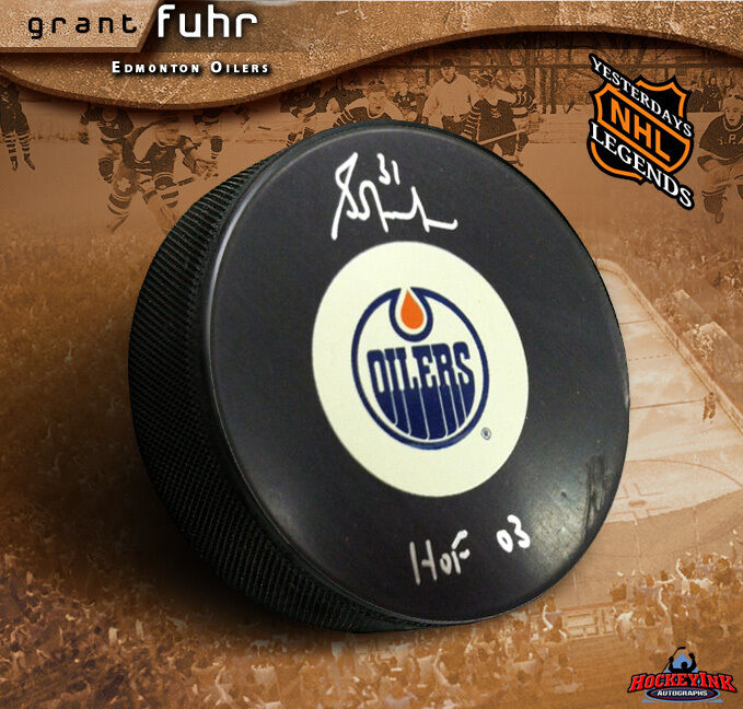 GRANT FUHR Signed & Inscribed Edmonton Oilers Vintage Logo Puck