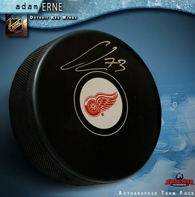 ADAM ERNE Signed Detroit Red Wings Puck