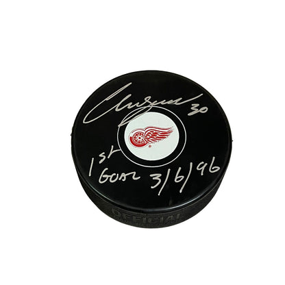 CHRIS OSGOOD Signed Detroit Red Wings Puck - "1st Goal 3/6/96" Inscription