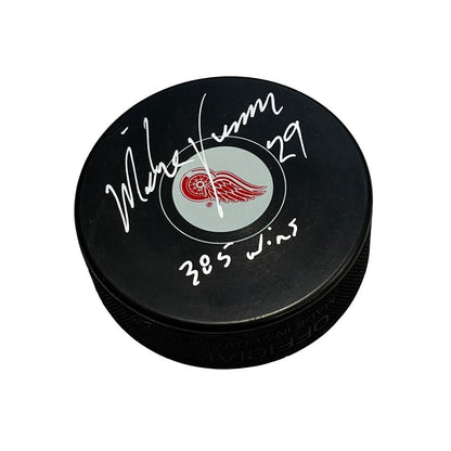 MIKE VERNON Signed Detroit Red Wings Puck - 385 wins Inscription