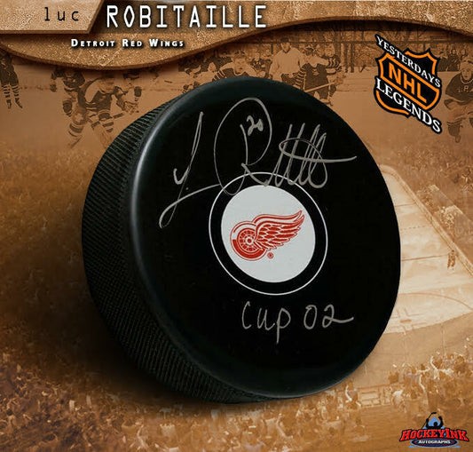LUC ROBITAILLE Autographed Detroit Red Wings Puck - Cup 02