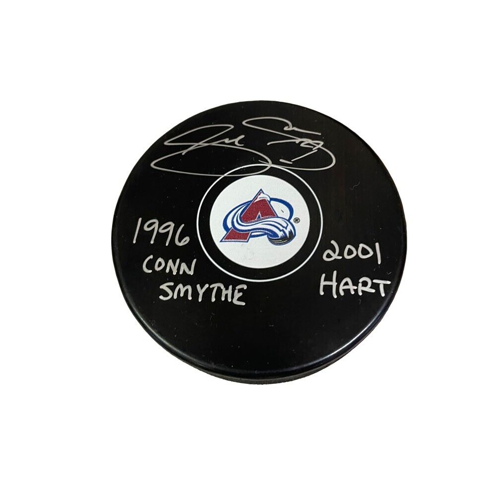 JOE SAKIC Signed Colorado Avalanche Puck- 1996 CONN SMYTHE & 01 HART Inscription