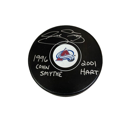 JOE SAKIC Signed Colorado Avalanche Puck- 1996 CONN SMYTHE & 01 HART Inscription