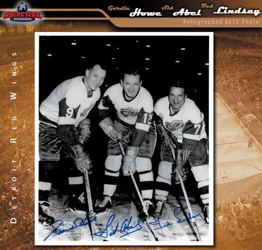 PRODUCTION LINE Signed 11x14 Photo - Gordie Howe, Sid Abel, & Ted Lindsay