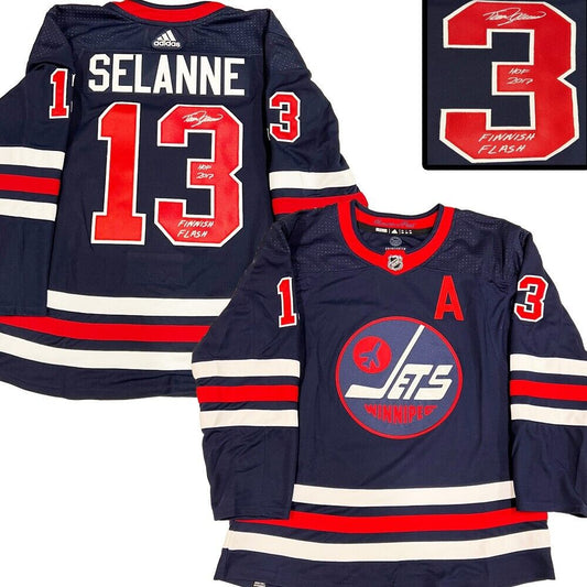 TEEMU SELANNE Signed Winnipeg Jets Navy Adidas PRO Jersey- HOF17 & FINNISH FLASH