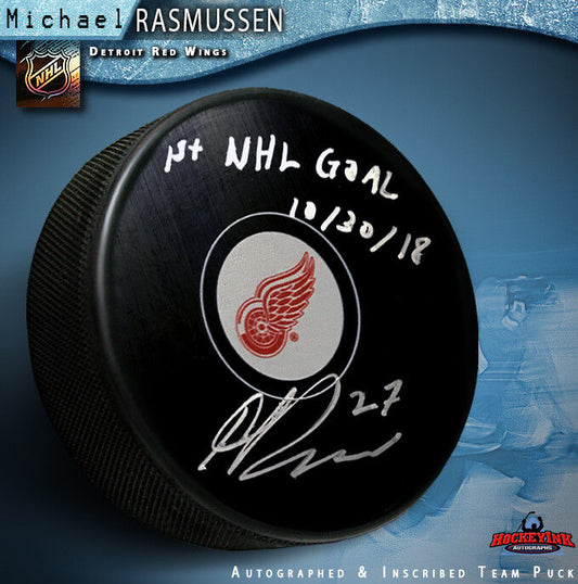 MICHAEL RASMUSSEN Signed & Inscribed Detroit Red Wings Puck - 1st GOAL