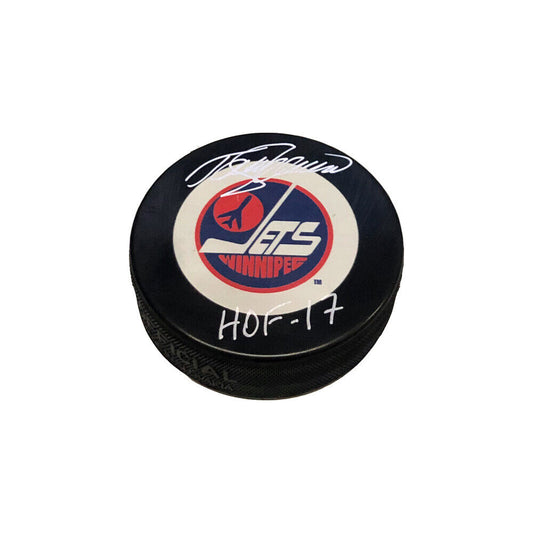 Teemu Selanne Signed WInnipeg Jets Puck - HOF 17 Inscription