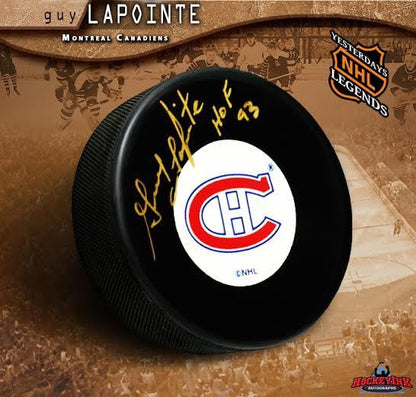 GUY LAPOINTE Signed & Inscribed Montreal Canadiens Puck