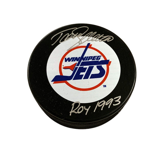 Teemu Selanne Signed WInnipeg Jets Puck -  ROY1993 Inscription